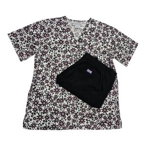 Floral Print Scrub Top and Black Pants Set Size Small